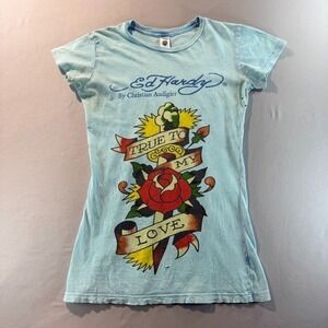 Ed Hardy True Love Tee Womens Small Blue Graphic Tattoo Y2K Top